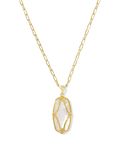 Kendra Scott Elle Lattice Frame Gold Large Long Pendant Necklace in Ivory Mother of Pearl