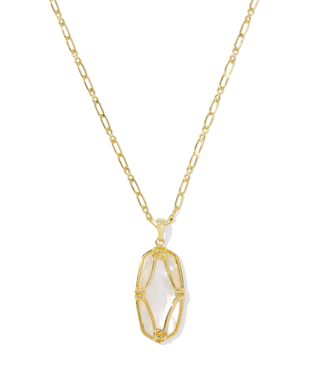 Kendra Scott Elle Lattice Frame Gold Large Long Pendant Necklace in Ivory Mother of Pearl