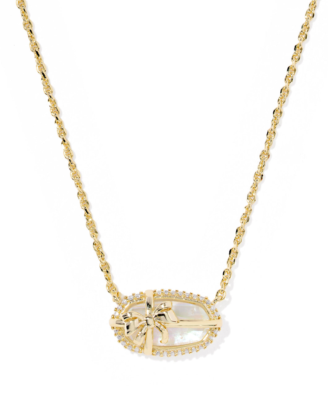 Kendra Scott Elisa Bow Gold Short Pendant Necklace in Iridescent Crystal Ivory Illusion