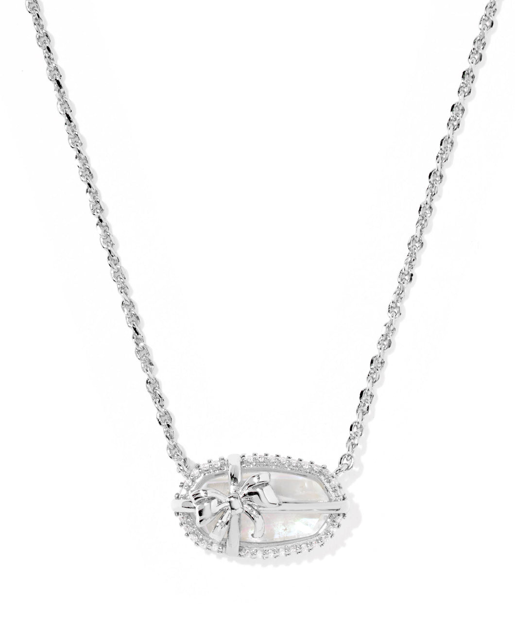 Kendra Scott Elisa Bow Silver Short Pendant Necklace in Iridescent Crystal Ivory Illusion