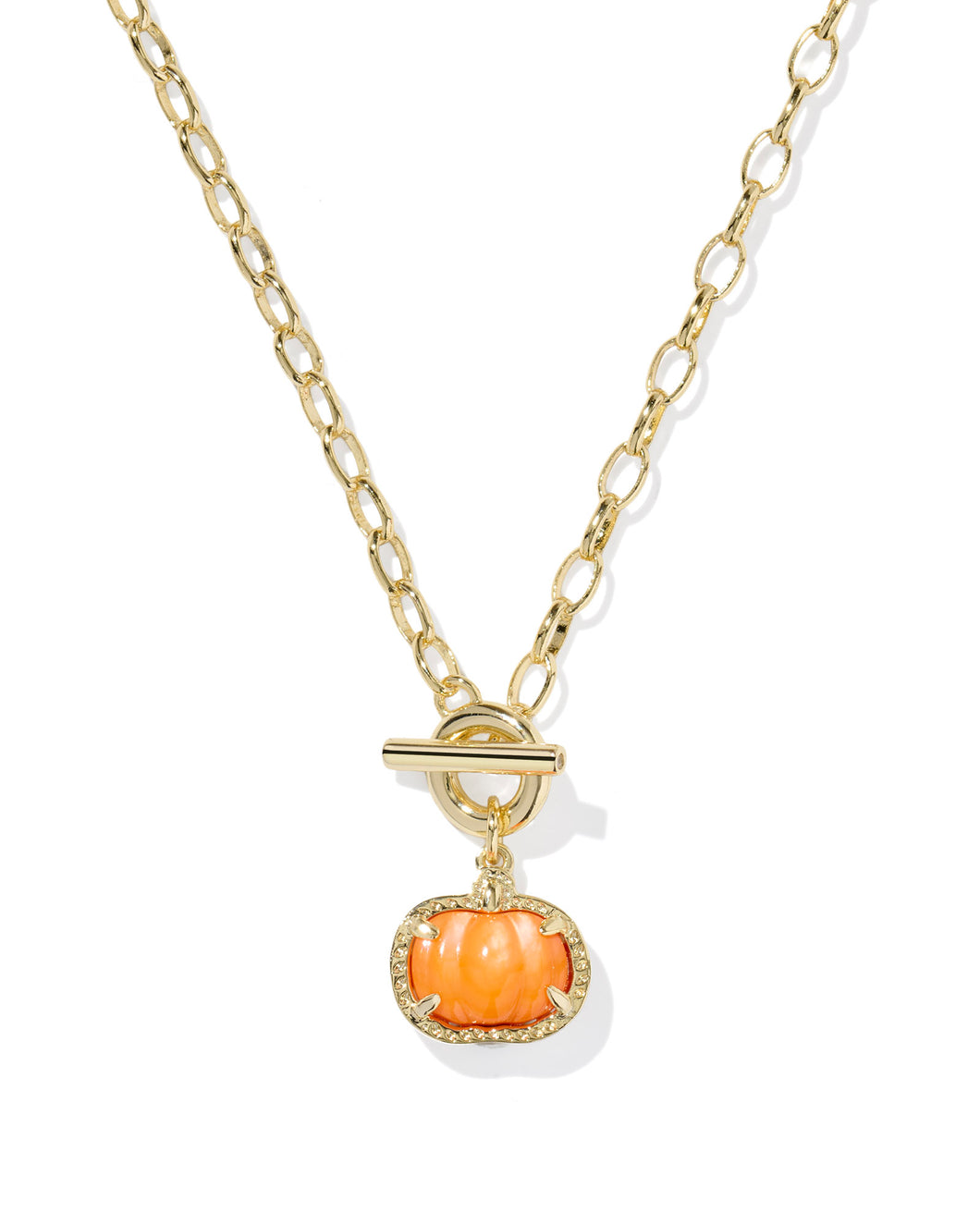 Kendra Scott Pumpkin Gold Link and Chain Necklace in Orange Mother of Pearl