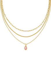 Load image into Gallery viewer, Kendra Scott Mini Elisa Gold Triple Strand Necklace in Carnation Kyocera Opal