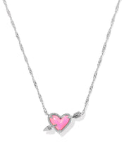 Load image into Gallery viewer, Kendra Scott Ari Heart Arrow Silver Short Pendant Necklace in Pink Opalescent Resin