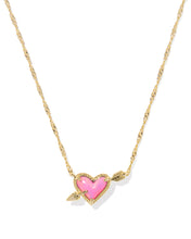 Load image into Gallery viewer, Kendra Scott Ari Heart Arrow Gold Short Pendant Necklace in Pink Opalescent Resin