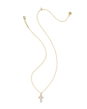 Load image into Gallery viewer, Kendra Scott Cross Gold Pendant Necklace in Matte Blush Pink Dichroic Glass