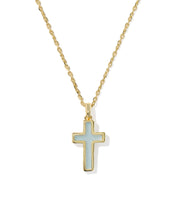 Load image into Gallery viewer, Kendra Scott Cross Gold Pendant Necklace in Matte Light Blue Dichroic Glass