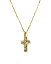 Load image into Gallery viewer, Kendra Scott Cross Gold Pendant Necklace in Matte Light Blue Dichroic Glass