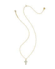 Load image into Gallery viewer, Kendra Scott Cross Gold Pendant Necklace in Matte Light Blue Dichroic Glass