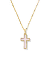 Load image into Gallery viewer, Kendra Scott Cross Gold Pendant Necklace in Matte Blush Pink Dichroic Glass
