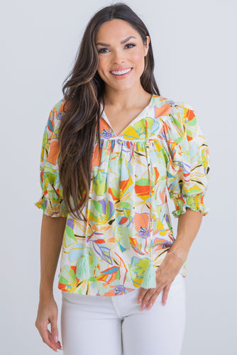 Tropical Illusion Puff Sleeve Top