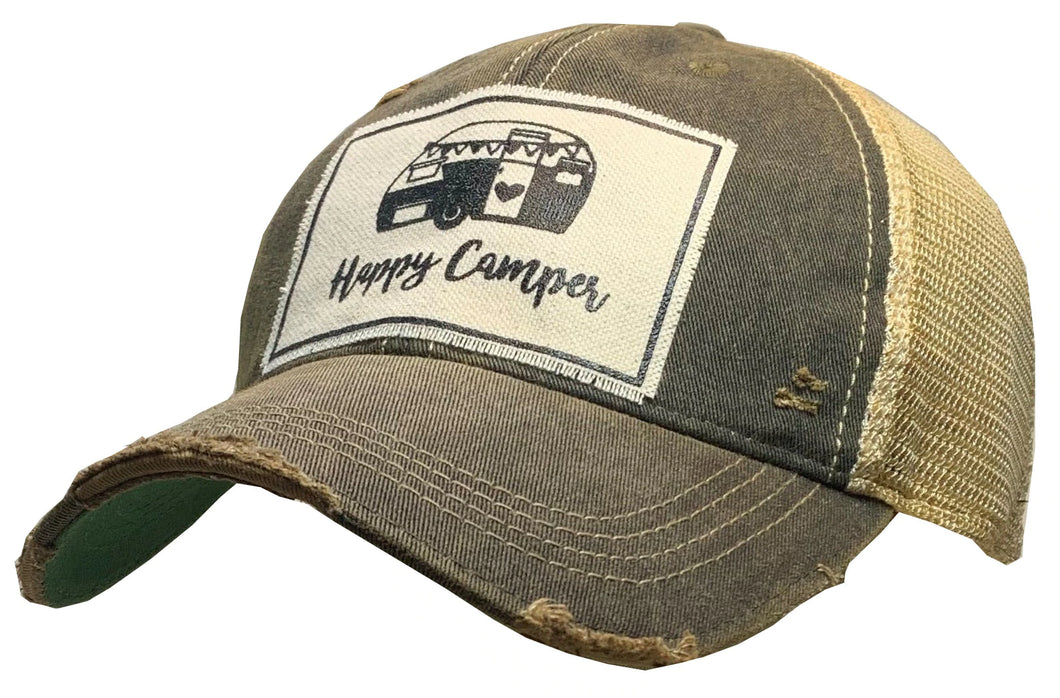 Happy Camper Distressed Baseball Cap - Black