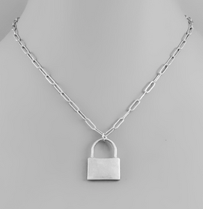 Matte Silver Chain Link & Lock Necklace