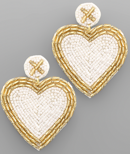 Ivory & Gold Heart Seed Bead Earrings