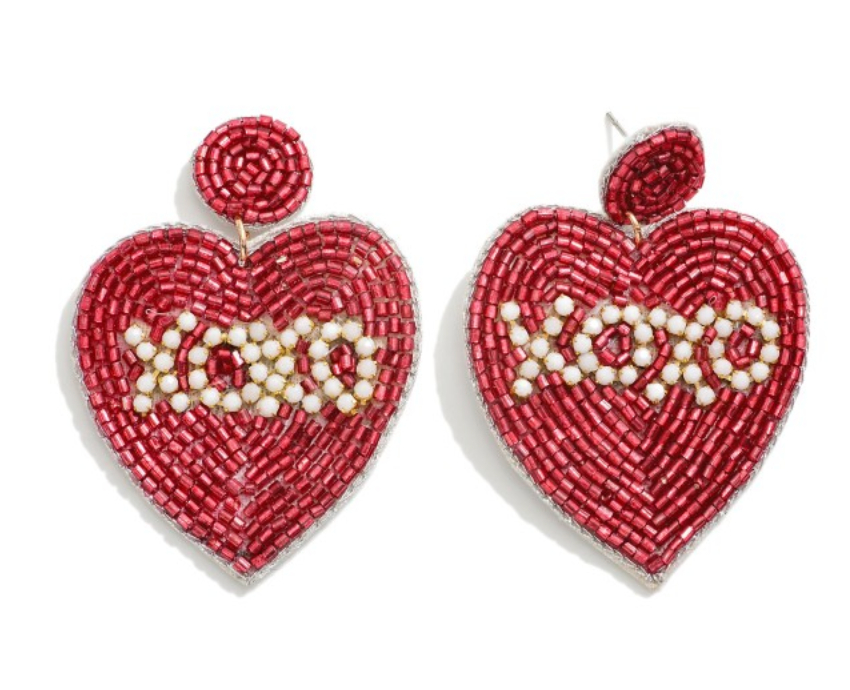 Beaded Heart Drop Earrings - XOXO