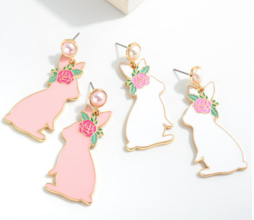 Sweet Rose Bunny Enamel Earrings *White or Pink