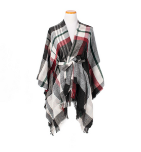Winter Warm Plaid Knit Kimono- Red/Black