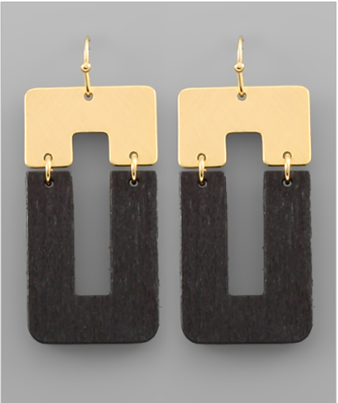 Two Tone Wooden Rectangle Earrings - Black