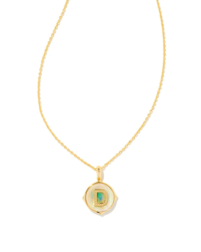 Letter D Gold Disc Reversible Pendant Necklace in Iridescent Abalone by Kendra Scott