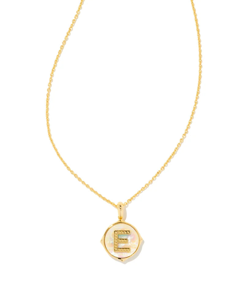 Letter E Gold Disc Reversible Pendant Necklace in Iridescent Abalone by Kendra Scott
