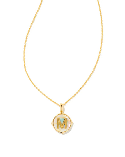 Letter M Gold Disc Reversible Pendant Necklace in Iridescent Abalone by Kendra Scott