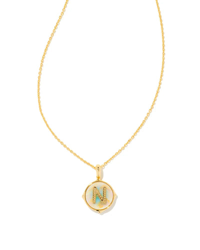 Letter N Gold Disc Reversible Pendant Necklace in Iridescent Abalone by Kendra Scott