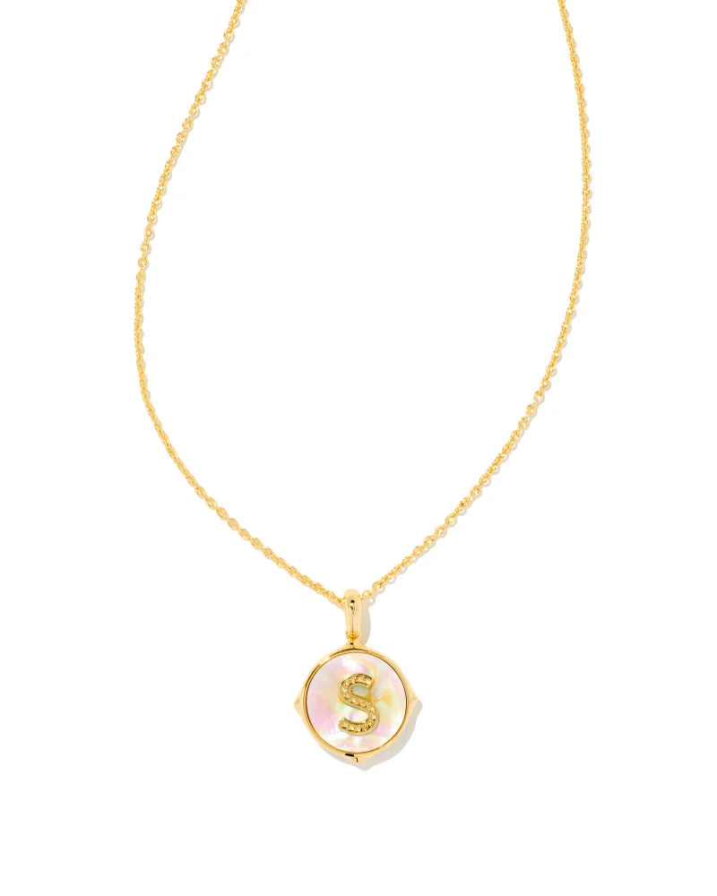 Letter S Gold Disc Reversible Pendant Necklace in Iridescent Abalone by Kendra Scott