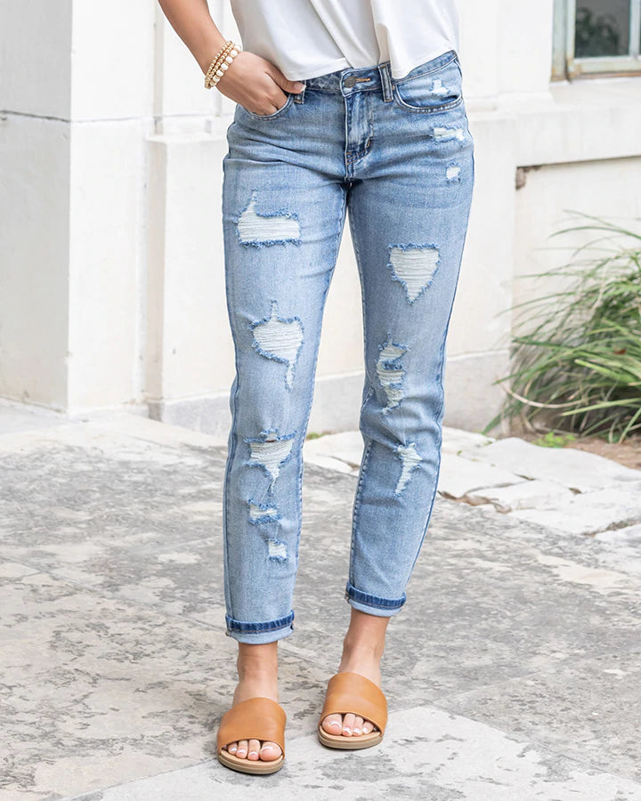Distressed Girlfriend Mid-Wash Denim by Grace & Lace